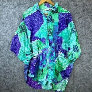 Vintage 80s Intime Blouse Top Women Large Blue Green Batik Colorful Loose Draped